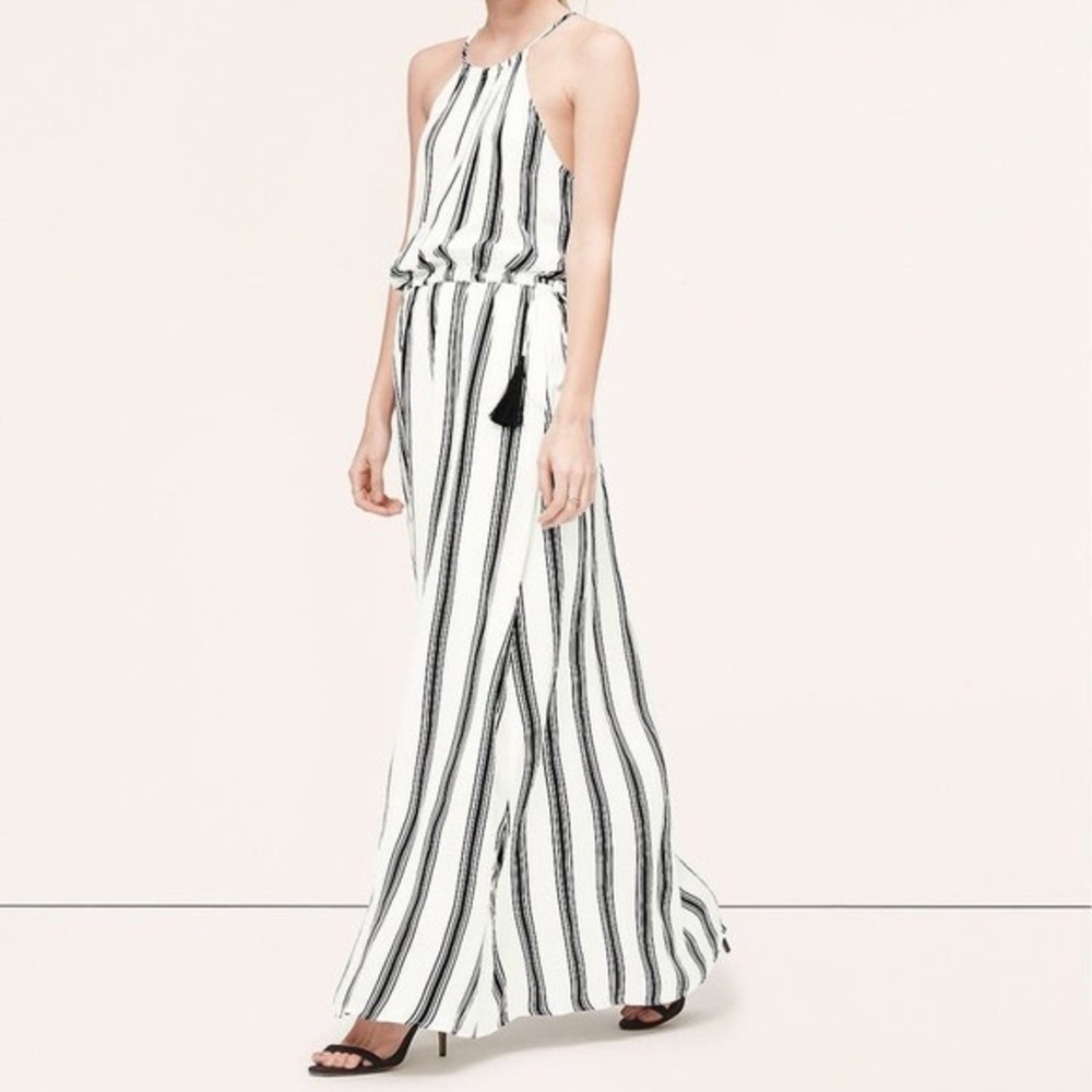 LOFT Halter Tank Stripped Maxi Dress w Tassels tie on at waist Navy Blue White